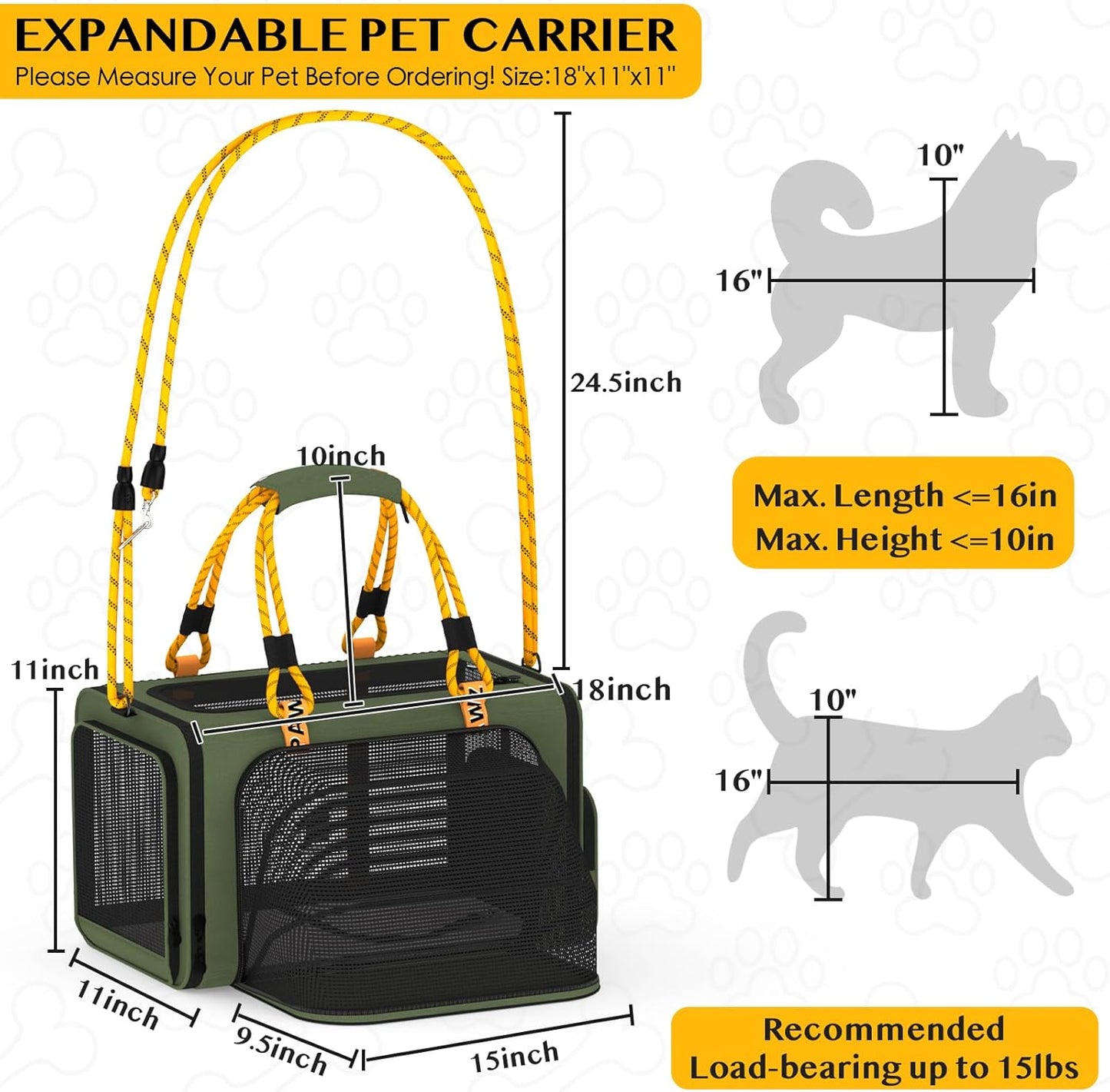 Expandable Pet Carrier W/Id Card, 18″×11″×11″ Small Dog Carrier TSA Airline Approved, Top Load Cat Carrier for 2 Cats under Seat, Soft-Sided Collapsible Puppy & Animal Travel Bag, up 15 Lbs