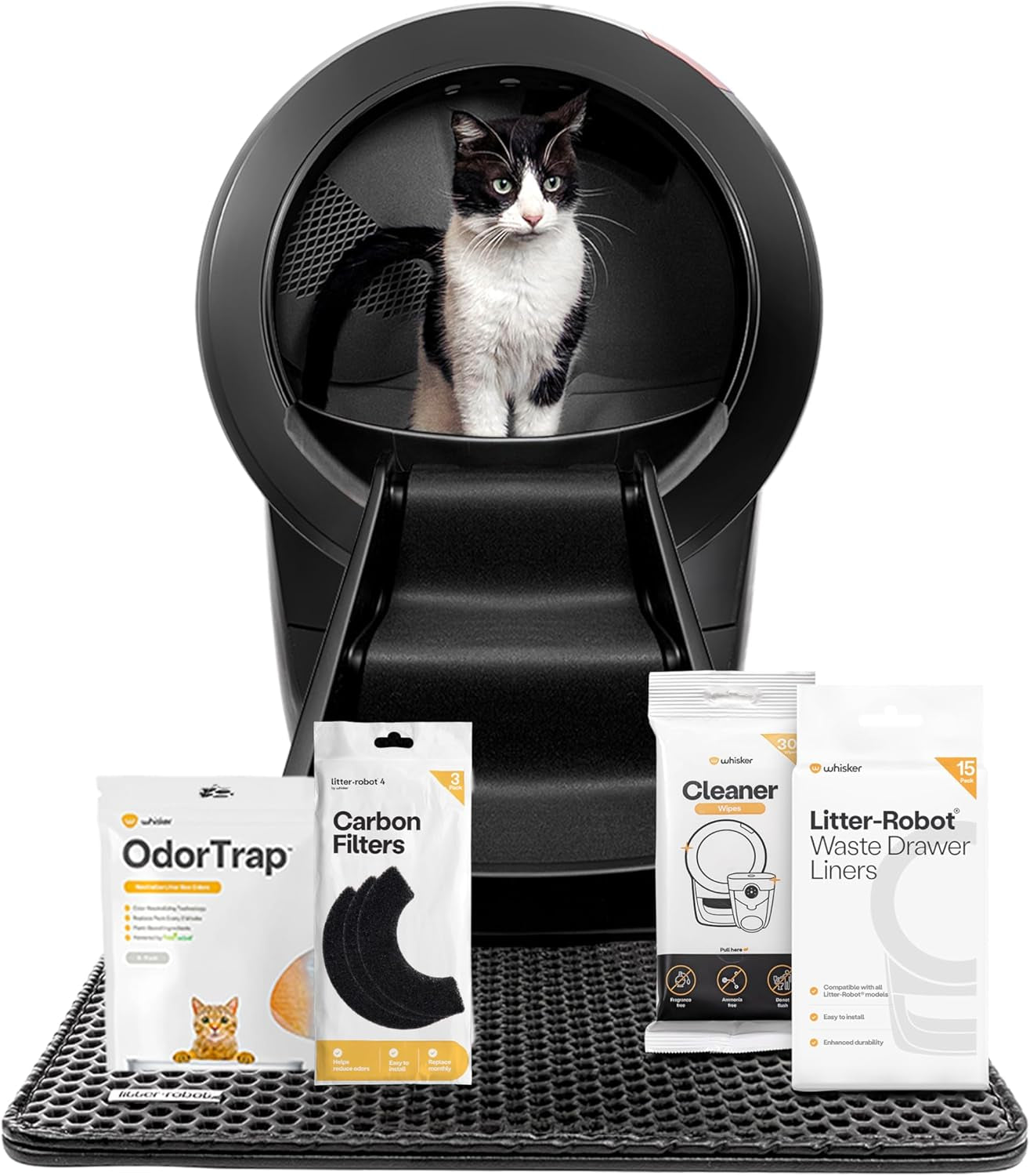 Litter-Robot 4 Supply & Accessory Bundle by , Black- Automatic Self-Cleaning Cat Litter Box, Includes Litter-Robot 4, Ramp, Mat, 3 Odortrap Packs, 10 Liners, 30 Wipes, & 2 Carbon Filters