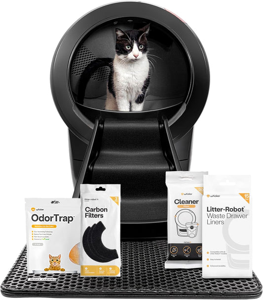 Litter-Robot 4 Supply & Accessory Bundle by , Black- Automatic Self-Cleaning Cat Litter Box, Includes Litter-Robot 4, Ramp, Mat, 3 Odortrap Packs, 10 Liners, 30 Wipes, & 2 Carbon Filters