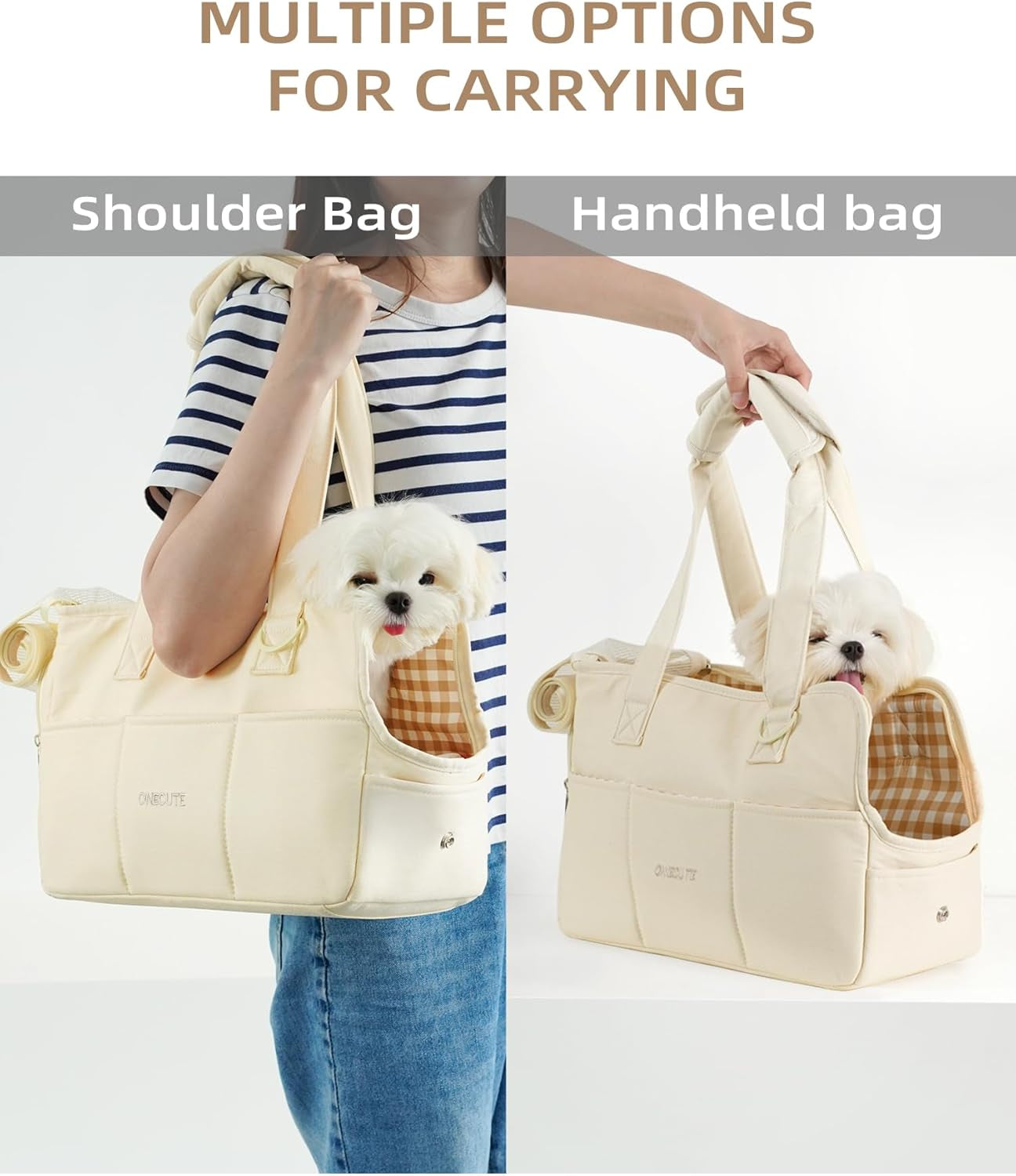 Dog Carrier for Small Dogs Rabbit Cat with Large Pockets, Cotton Bag, Dog Carrier Soft Sided, Collapsible Travel Puppy Carrier (Beige, 17" L X 7.5" W X 12" H)