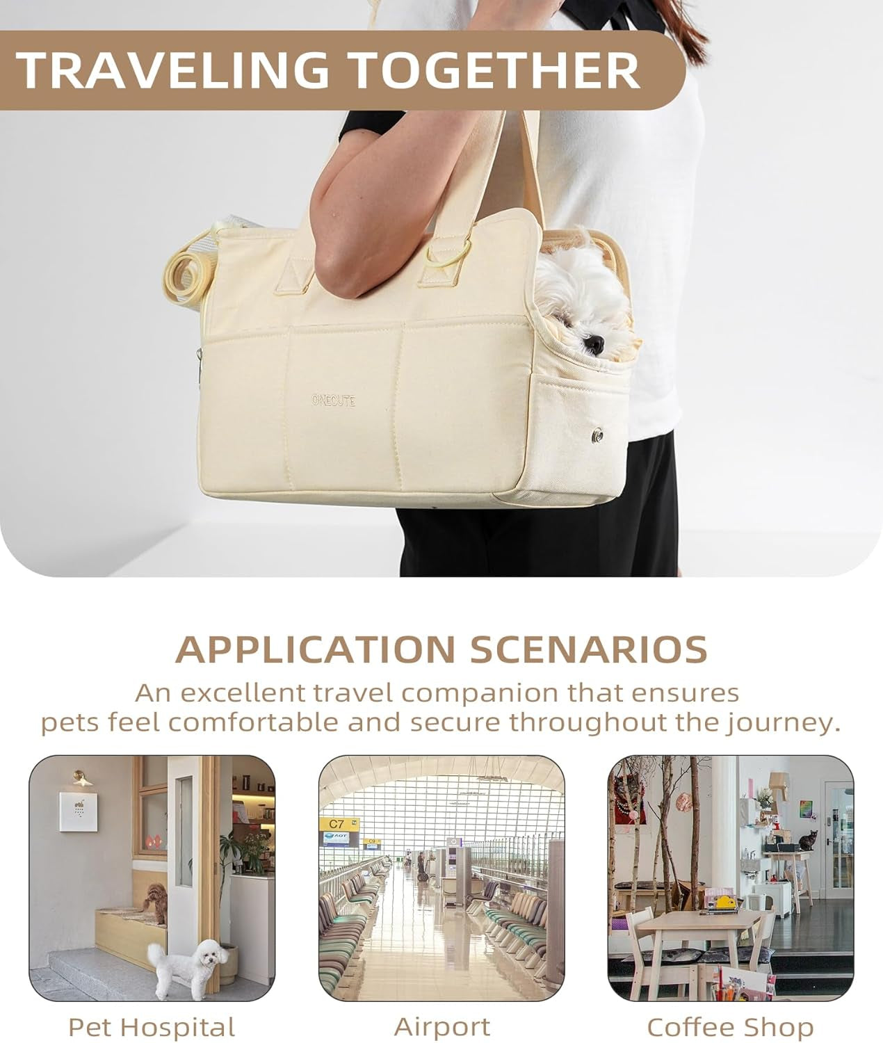 Dog Carrier for Small Dogs Rabbit Cat with Large Pockets, Cotton Bag, Dog Carrier Soft Sided, Collapsible Travel Puppy Carrier (Beige, 17" L X 7.5" W X 12" H)