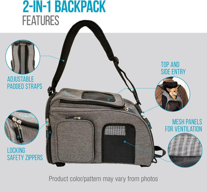 2-In-1 Backpack Travel Pet Carrier, Airline Approved & Guaranteed on Board - Gray, Medium