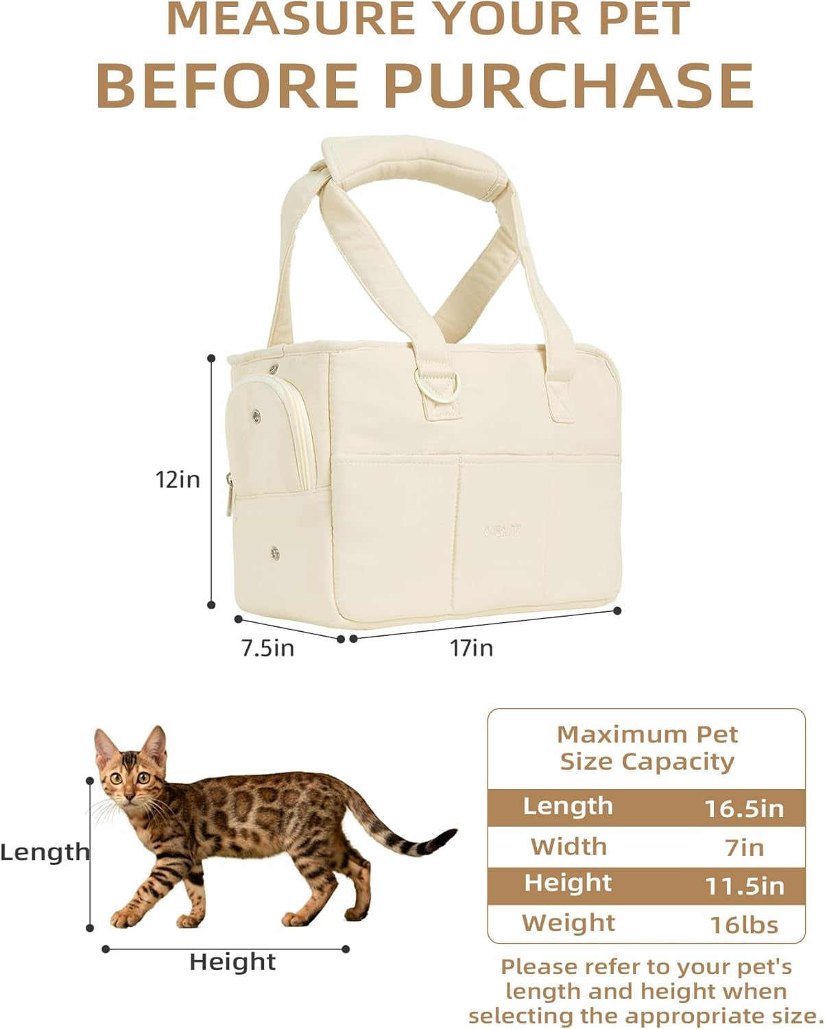 Dog Carrier for Small Dogs Rabbit Cat with Large Pockets, Cotton Bag, Dog Carrier Soft Sided, Collapsible Travel Puppy Carrier (Beige, 17" L X 7.5" W X 12" H)