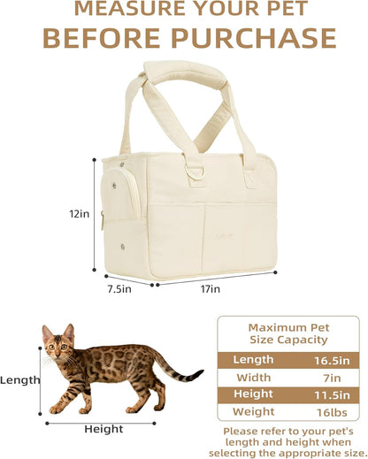 Dog Carrier for Small Dogs Rabbit Cat with Large Pockets, Cotton Bag, Dog Carrier Soft Sided, Collapsible Travel Puppy Carrier (Beige, 17" L X 7.5" W X 12" H)