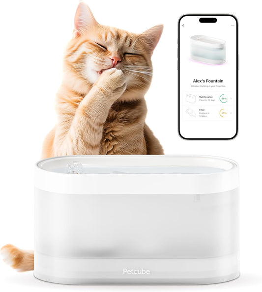 Pet Water Fountain | Automatic Wireless Water Fountain for Cats and Dogs with Ceramic Bowl, Easy to Clean, 4-Layer Filtration, In-App Filter Control, LED Light, Quiet Pump, Battery Operated