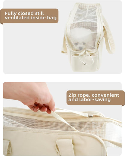 Dog Carrier for Small Dogs Rabbit Cat with Large Pockets, Cotton Bag, Dog Carrier Soft Sided, Collapsible Travel Puppy Carrier (Beige, 17" L X 7.5" W X 12" H)