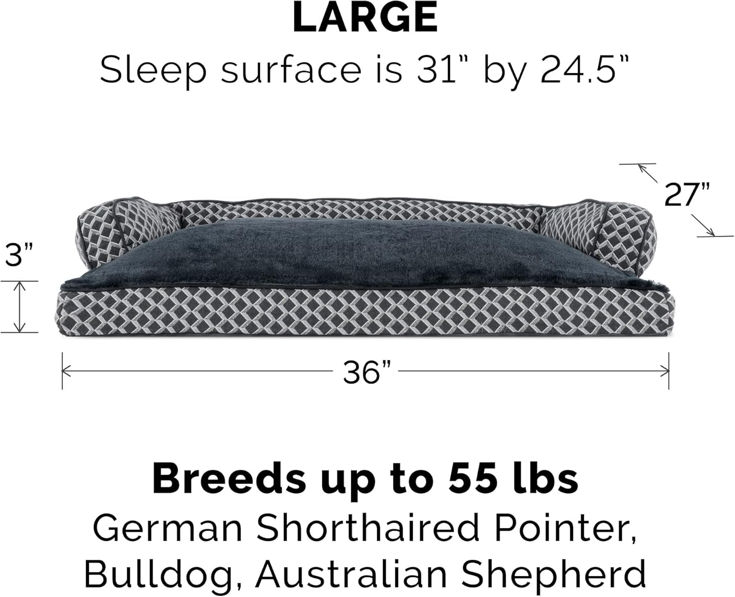 Pillow Dog Bed for Large/Medium Dogs W/ Removable Bolsters & Washable Cover - Plush & Woven Decor Comfy Couch Sofa - Diamond Gray, Large