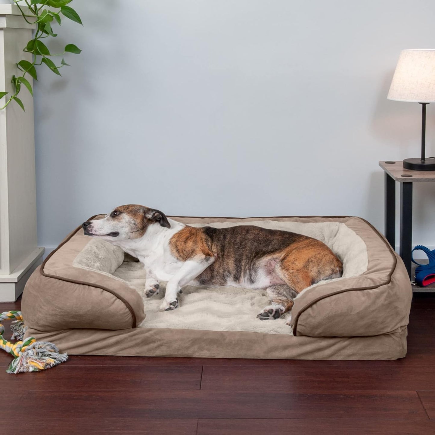 Orthopedic Dog Bed for Large/Medium Dogs W/ Removable Bolsters & Washable Cover, for Dogs up to 55 Lbs - Plush & Velvet Waves Perfect Comfort Sofa - Brownstone, Large