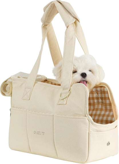 Dog Carrier for Small Dogs Rabbit Cat with Large Pockets, Cotton Bag, Dog Carrier Soft Sided, Collapsible Travel Puppy Carrier (Beige, 17" L X 7.5" W X 12" H)