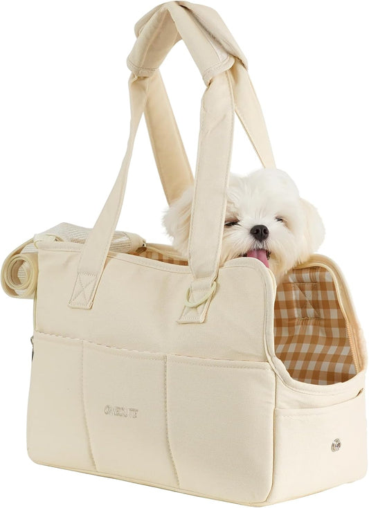 Dog Carrier for Small Dogs Rabbit Cat with Large Pockets, Cotton Bag, Dog Carrier Soft Sided, Collapsible Travel Puppy Carrier (Beige, 17" L X 7.5" W X 12" H)