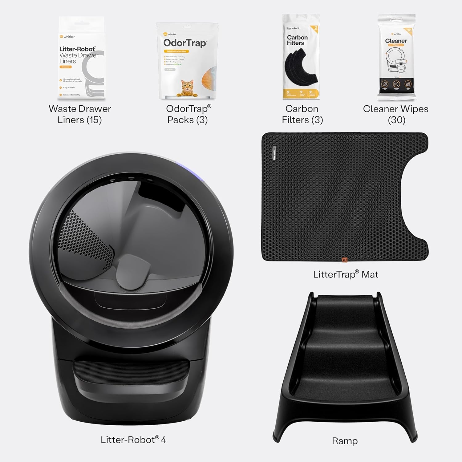 Litter-Robot 4 Supply & Accessory Bundle by , Black- Automatic Self-Cleaning Cat Litter Box, Includes Litter-Robot 4, Ramp, Mat, 3 Odortrap Packs, 10 Liners, 30 Wipes, & 2 Carbon Filters